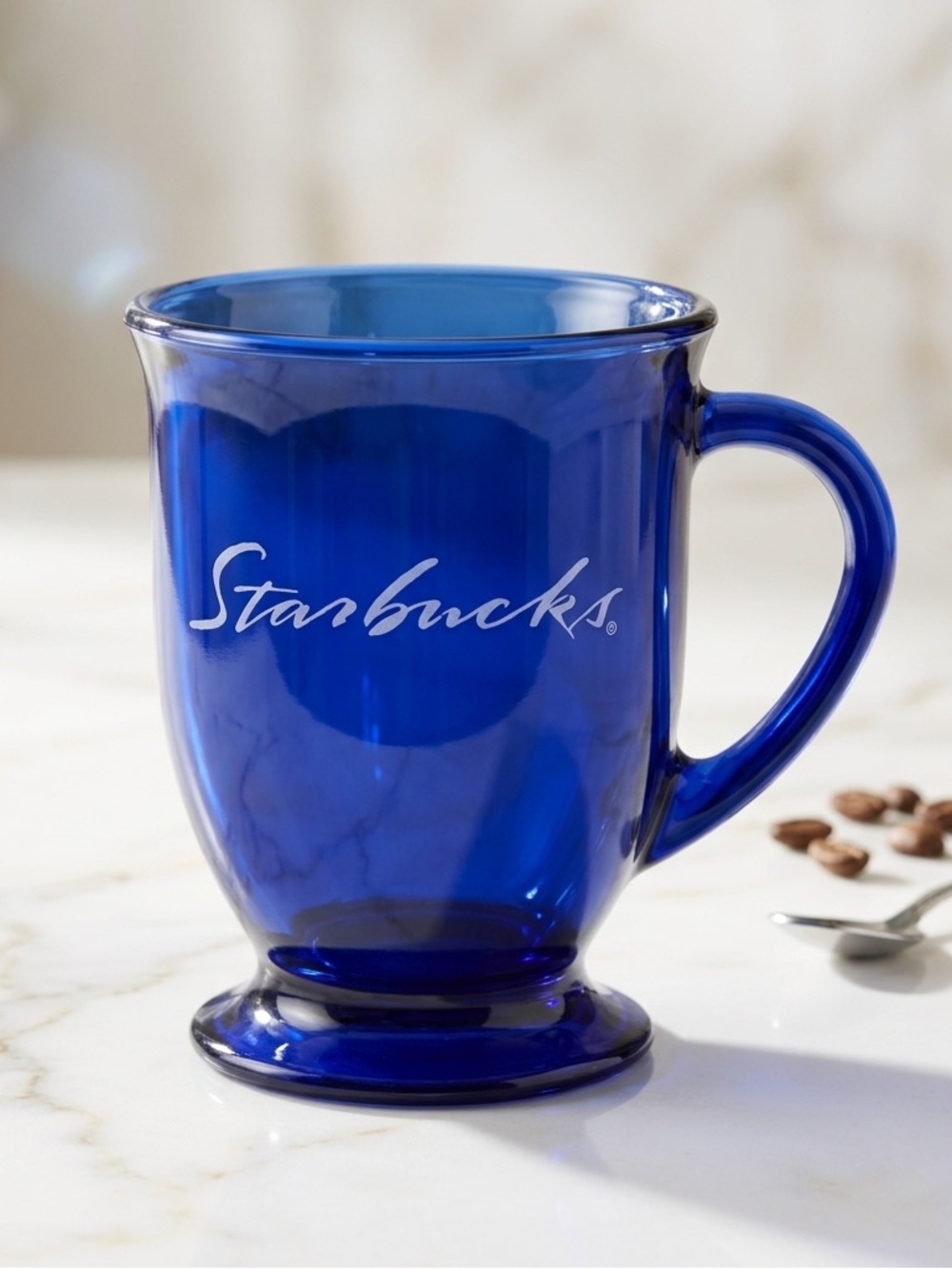 Vintage Starbucks Cobalt Blue Glass Coffee Mug Etched Cursive Logo AnchorHocking